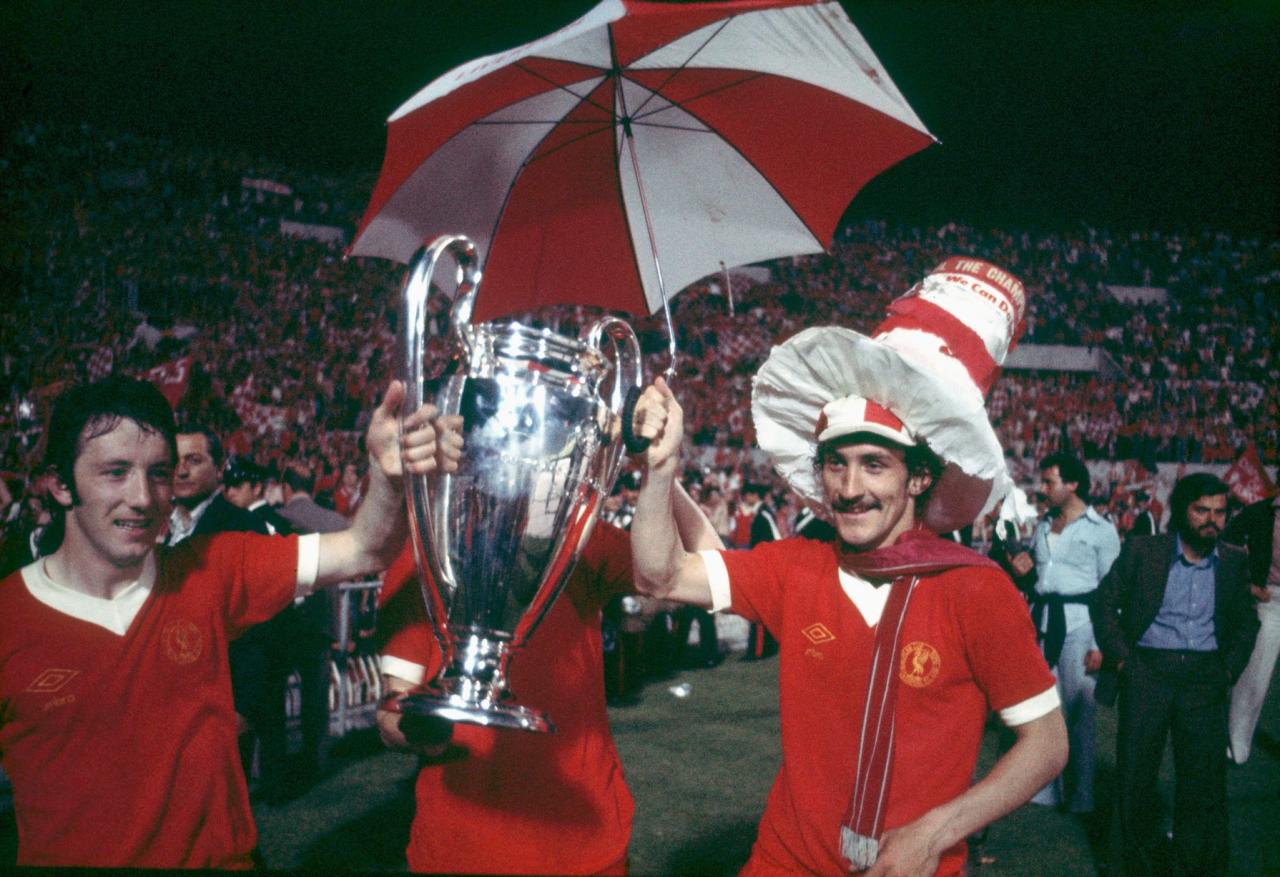 Terry McDermott and Jimmy Case celebrate Liverpool's maiden European Cup victory over Borussia Moenchengladbach in Rome, 25th May 1977