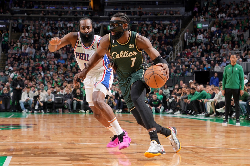 Jaylen Brown dribbles the ball during Game 5 against the 76ers in the 2023 NBA Playoffs Eastern Conference semi-finals.