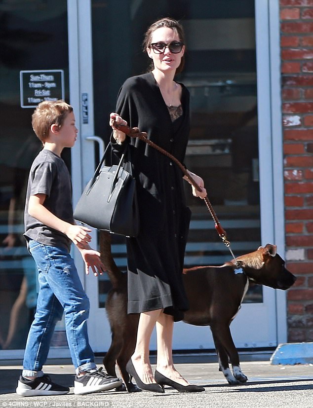 Follow the leader: Even in her sexy high heels, Angelina didn't appear to have any trouble following her determined dog around 